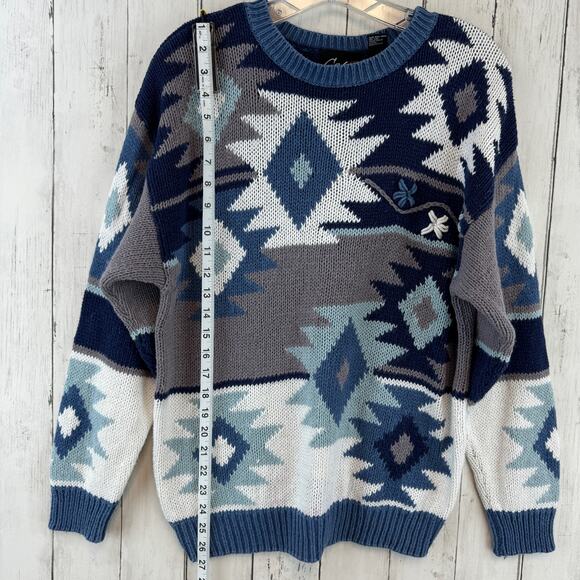 VTG Cafe Blue/White Southwest Aztec Striped Knit Crewneck Sweater Size Medium - Picture 11 of 12